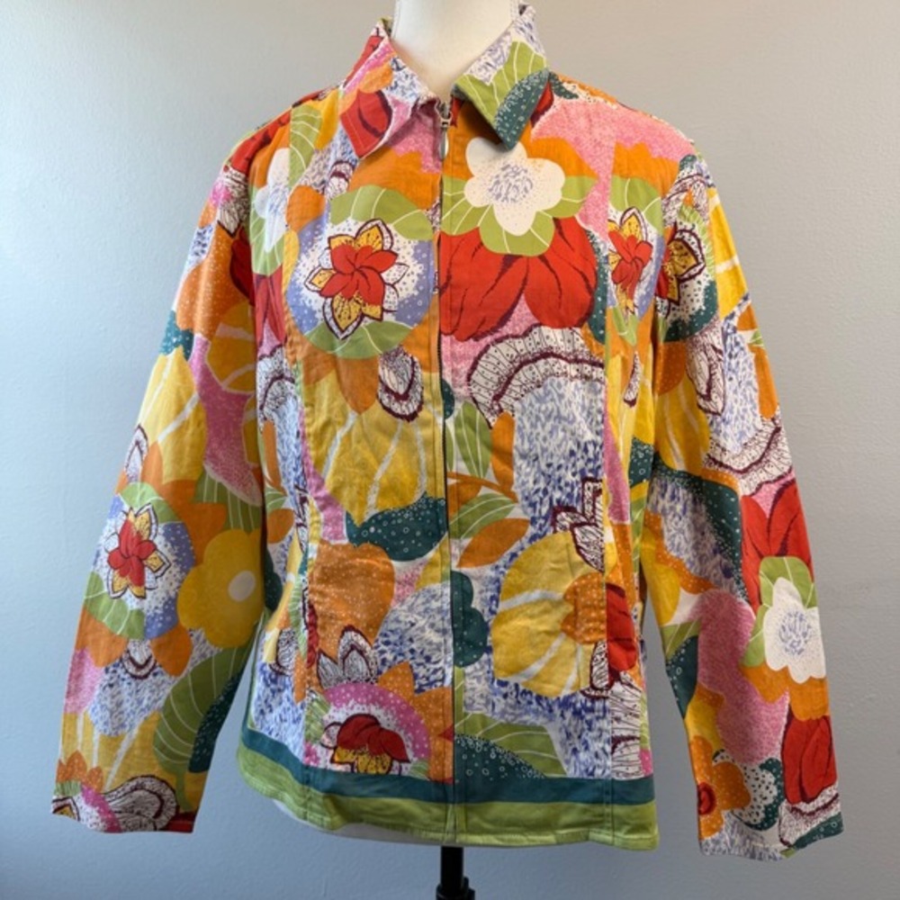 Coldwater Creek Womens Petite Large Floral Full Zip Jacket Cotton Blend Colorful